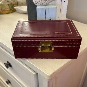 Vintage Burgundy Leather Jewelry Box with Gold Clasp Leather heart Fob with key